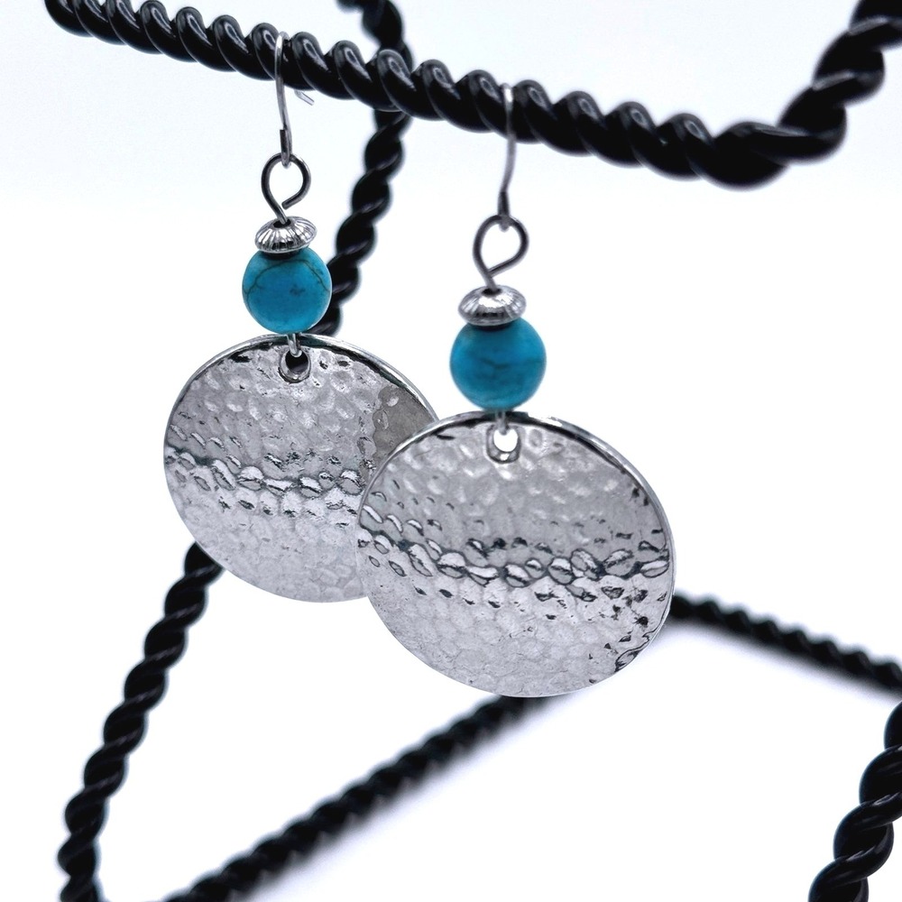 Hammered Boho Silver Tone Disc Earrings Turquoise Vintage Bead Dangle Bohemian